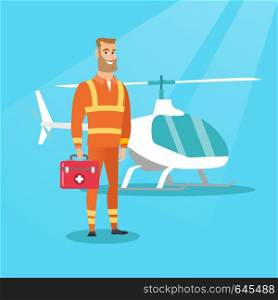 Young caucasian doctor of air ambulance. Doctor of air ambulance standing in front of rescue helicopter. Doctor of air ambulance holding first aid box. Vector flat design illustration. Square layout.. Doctor of air ambulance vector illustration.