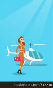 Young caucasian doctor of air ambulance. Doctor of air ambulance standing in front of rescue helicopter. Doctor of air ambulance holding first aid box. Vector flat design illustration. Vertical layout. Doctor of air ambulance vector illustration.