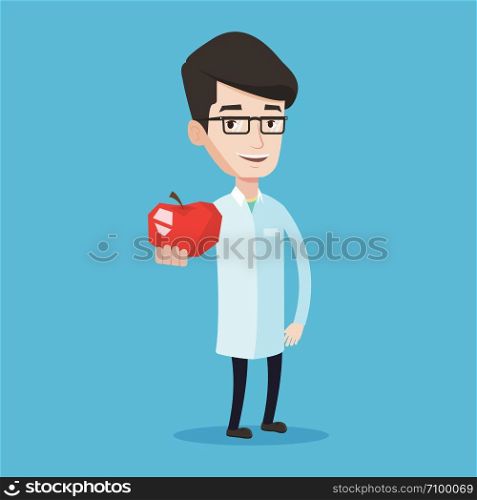 Young caucasian doctor prescribing diet and healthy eating. Smiling confident male nutritionist holding an apple. Doctor offering fresh red apple. Vector flat design illustration. Square layout.. Nutritionist offering fresh red apple.