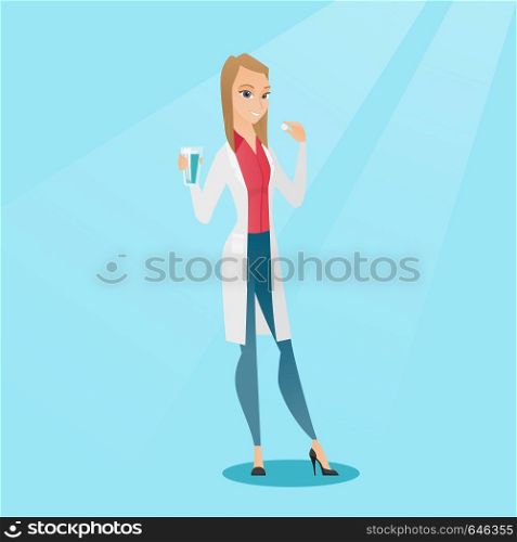 Young caucasian doctor taking pills. Cheerful doctor holding pills and glass of water in hands. Smiling woman taking pills. Healthy lifestyle concept. Vector flat design illustration. Square layout.. Young caucasian doctor taking pills.