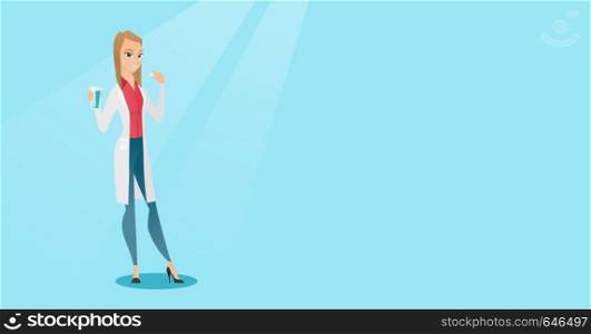 Young caucasian doctor taking pills. Cheerful doctor holding pills and glass of water in hands. Happy woman taking pills. Healthy lifestyle concept. Vector flat design illustration. Horizontal layout.. Young caucasian doctor taking pills.