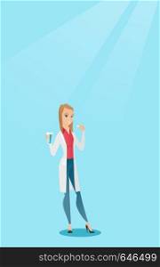 Young caucasian doctor taking pills. Cheerful doctor holding pills and glass of water in hands. Smiling woman taking pills. Healthy lifestyle concept. Vector flat design illustration. Vertical layout.. Young caucasian doctor taking pills.