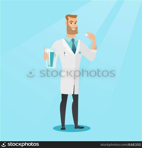 Young caucasian doctor taking pills. Hipster doctor holding pills and glass of water in hands. Happy smiling man taking pills. Healthy lifestyle concept. Vector flat design illustration. Square layout. Young caucasian doctor taking pills.