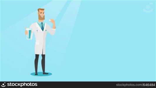 Young caucasian doctor taking pills. Hipster doctor holding pills and glass of water in hands. Smiling man taking pills. Healthy lifestyle concept. Vector flat design illustration. Horizontal layout.. Young caucasian doctor taking pills.