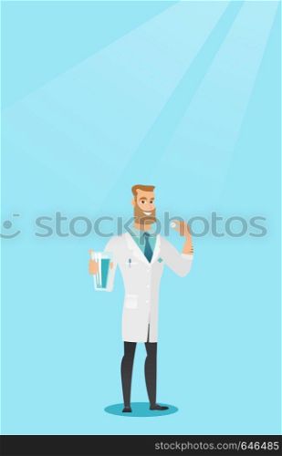 Young caucasian doctor taking pills. Hipster doctor with the beard holding pills and glass of water in hands. Healthy lifestyle concept. Vector flat design illustration. Vertical layout.. Young caucasian doctor taking pills.