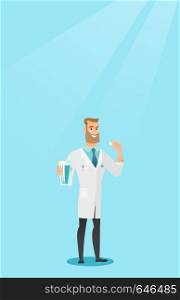 Young caucasian doctor taking pills. Hipster doctor with the beard holding pills and glass of water in hands. Healthy lifestyle concept. Vector flat design illustration. Vertical layout.. Young caucasian doctor taking pills.