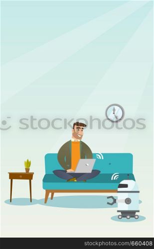 Young caucasian engineer programming a domestic personal robot on his laptop computer. Hipster engineer with beard examining newly built robot. Vector cartoon illustration. Vertical layout.. Young caucasian engineer programming a robot.