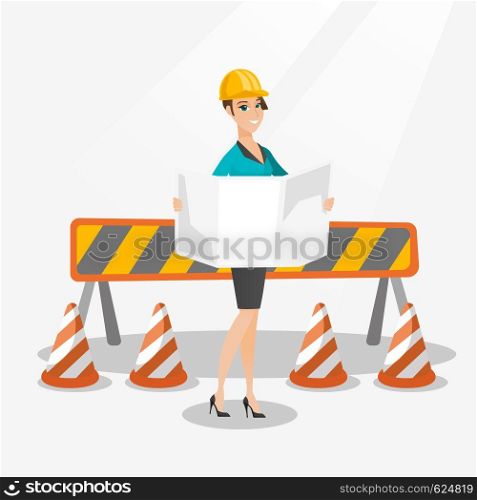 Young caucasian engineer watching a blueprint at construction site. Female engineer with engineer blueprint standing on the background of road barriers. Vector flat design illustration. Square layout.. Engineer watching a blueprint vector illustration.