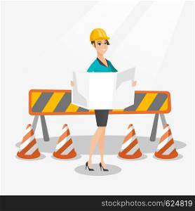Young caucasian engineer watching a blueprint at construction site. Female engineer with engineer blueprint standing on the background of road barriers. Vector flat design illustration. Square layout.. Engineer watching a blueprint vector illustration.