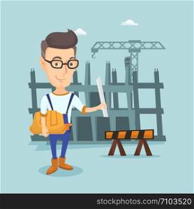 Young caucasian engineer with a blueprint at construction site. Engineer holding hard hat and twisted blueprint. Engineer checking construction works. Vector flat design illustration. Square layout.. Engineer with hard hat and blueprint.