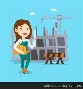 Young caucasian engineer with a blueprint at construction site. Engineer holding hard hat and twisted blueprint. Engineer checking construction works. Vector flat design illustration. Square layout.. Engineer with hard hat and blueprint.