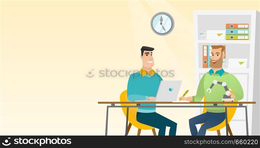 Young caucasian engineers working on their project of robot. Engineer using a laptop computer for development of robot. Concept of robot development. Vector cartoon illustration. Horizontal layout.. Caucasian engineer working on the project of robot