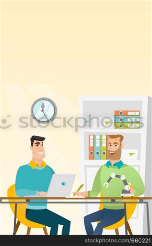 Young caucasian engineers working on their project of robot. Engineer using a laptop computer for development of robot. Concept of robot development. Vector cartoon illustration. Vertical layout.. Caucasian engineer working on the project of robot