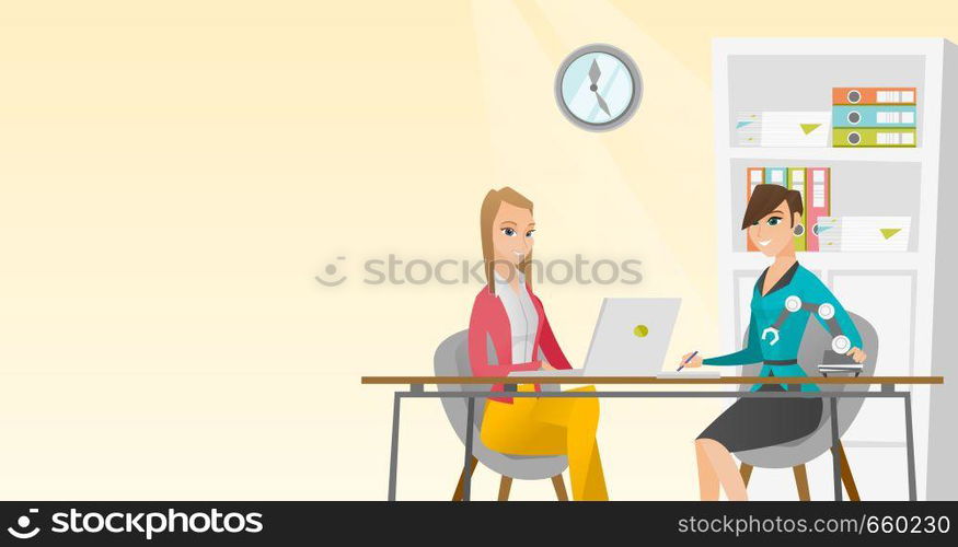 Young caucasian engineers working on their project of robot. Engineer using a laptop computer for development of robot. Concept of robot development. Vector cartoon illustration. Horizontal layout.. Caucasian engineer working on the project of robot