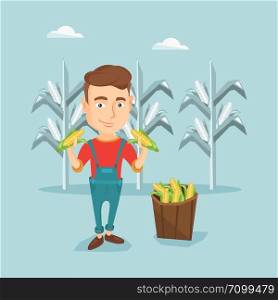 Young caucasian farmer holding corn cobs on the background of corn field. Farmer collecting corn. Happy smiling farmer standing near basket with corn. Vector flatdesign illustration. Square layout.. Farmer collecting corn vector illustration.