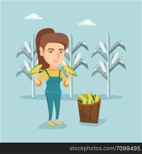 Young caucasian farmer holding corn cobs on the background of corn field. Farmer collecting corn. Happy smiling farmer standing near basket with corn. Vector cartoon illustration. Square layout.. Young caucasian farmer collecting corn harvest.
