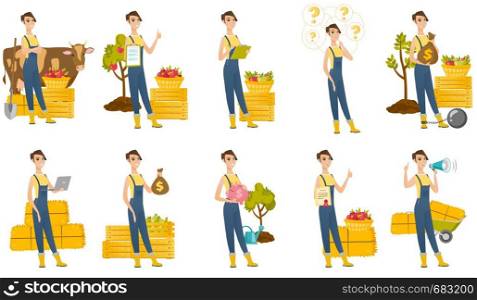 Young caucasian farmer standing on the background of cow, crates and basket of apples. Farmer standing with crossed arms near cow. Set of vector flat design illustrations isolated on white background.. Vector set of illustrations with farmer characters