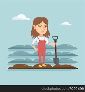 Young caucasian farmer standing with a shovel on the background of plowed field. Farmer working in field with a shovel. Farmer plowing field with a shovel. Vector cartoon illustration. Square layout.. Caucasian farmer standing in a field with a shovel