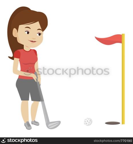 Young caucasian female golfer playing golf. Golfer hitting the ball in the hole with red flag. Professional golfer on the golf course. Vector flat design illustration isolated on white background.. Golfer hitting the ball vector illustration.