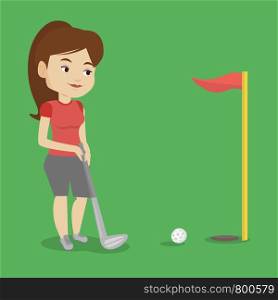 Young caucasian female golfer playing golf. Young golfer hitting the ball in the hole with red flag. Professional golfer on the golf course. Vector flat design illustration. Square layout.. Golfer hitting the ball vector illustration.