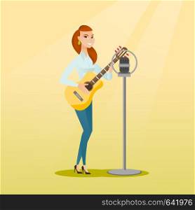 Young caucasian female guitar player singing a song and playing the acoustic guitar. Singer singing into a microphone and playing the acoustic guitar. Vector flat design illustration. Square layout.. Woman singing into a microphone.