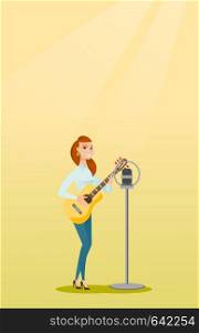 Young caucasian female guitar player singing a song and playing the acoustic guitar. Singer singing into a microphone and playing the acoustic guitar. Vector flat design illustration. Vertical layout.. Woman singing into a microphone.