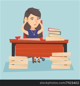 Young caucasian female office worker in despair sitting at workplace with heaps of papers. Stressful office worker sitting at the desk with stacks of papers. Vector cartoon illustration. Square layout. Despair office worker sitting at workplace.