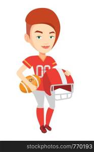 Young caucasian female rugby player holding ball and helmet in hands. Young smiling female rugby player in uniform. Vector flat design illustration isolated on white background.. Rugby player vector illustration.
