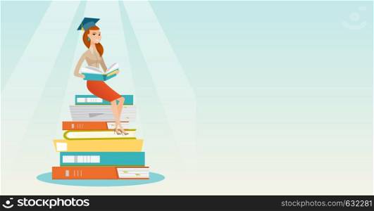 Young caucasian female student sitting on huge pile of books. Happy student reading book. Smiling woman sitting on stack of books with book in hands. Vector flat design illustration. Horizontal layout. Student sitting on huge pile of books.