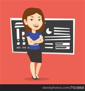 Young caucasian female teacher standing in classroom. Smiling female teacher standing in front of chalkboard. Female teacher standing with folded arms. Vector flat design illustration. Square layout.. Teacher or student standing in front of chalkboard