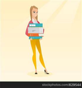 Young caucasian female woman holding a pile of educational books in hands. Student carrying huge stack of books. Student preparing for exam with books. Vector flat design illustration. Square layout.. Woman holding pile of books vector illustration.