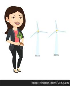 Young caucasian female worker of wind farm. Woman holding green small plant on the background of wind turbines. Green energy concept. Vector flat design illustration isolated on white background.. Woman holding small plant vector illustration.