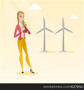 Young caucasian female worker of wind farm. Woman holding in hands green small plant in soil on the background of wind turbines. Green energy concept. Vector flat design illustration. Square layout.. Woman holding small plant vector illustration.