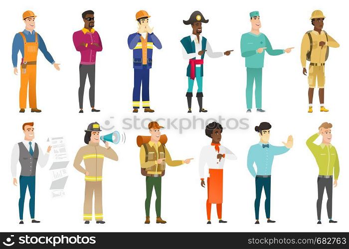 Young caucasian firefighter with a megaphone making an announcement. Firefighter making warning announcement through megaphone. Set of vector flat design illustrations isolated on white background.. Vector set of professions characters.