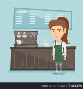 Young caucasian friendly barista standing on the background of counter with coffee machine. Smiling barista making a cup of coffee. Vector cartoon illustration. Square layout.. Barista standing near coffee machine.