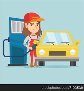 Young caucasian friendly worker of gas station refueling a car. Woman in workwear pumping gasoline fuel in car at gas station. Vector cartoon illustration. Square layout.. Caucasian worker of gas station refueling a car.