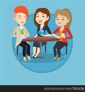 Young caucasian friends drinking hot and alcoholic drinks. Three friends hanging out together in a cafe. Friends relaxing in cafe. Vector flat design illustration in the circle isolated on background.. Group of women drinking hot and alcoholic drinks.