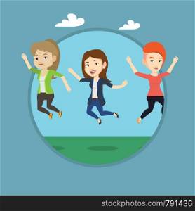 Young caucasian friends jumping in the park. Group of friends having fun and jumping outdoors. Friendship and lifestyle concept. Vector flat design illustration in the circle isolated on background.. Group of joyful young friends jumping.