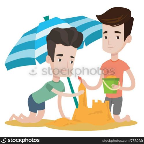 Young caucasian friends making sand castle on the beach under beach umbrella. Smiling friends building sandcastle. Beach holiday concept. Vector flat design illustration isolated on white background.. Male friends building sandcastle.