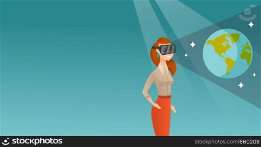 Young caucasian gamer wearing futuristic virtual reality headset and looking at open space with earth model and stars. Happy woman playing virtual game. Vector cartoon illustration. Horizontal layout.. Young woman in vr headset getting in open space.