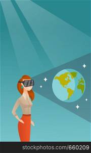 Young caucasian gamer wearing futuristic virtual reality headset and looking at open space with earth model and stars. Happy woman playing virtual game. Vector cartoon illustration. Vertical layout.. Young woman in vr headset getting in open space.