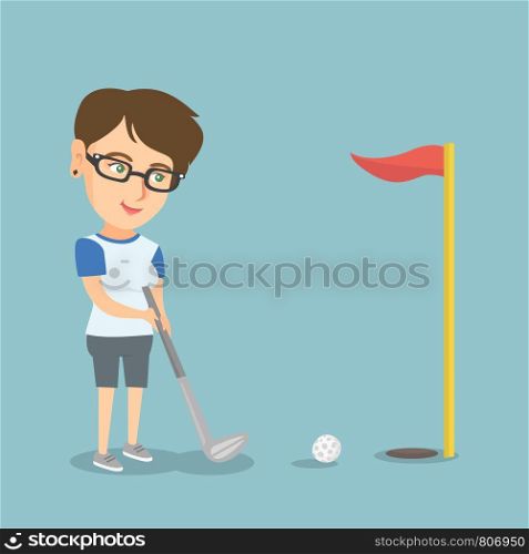 Young caucasian golfer directing a ball into a golf hole with a red flag. Professional golfer playing golf. Sport and leisure concept. Vector cartoon illustration. Square layout.. Young caucasian golfer hitting a ball.
