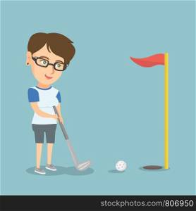 Young caucasian golfer directing a ball into a golf hole with a red flag. Professional golfer playing golf. Sport and leisure concept. Vector cartoon illustration. Square layout.. Young caucasian golfer hitting a ball.
