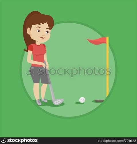 Young caucasian golfer playing golf. Golfer hitting the ball in the hole with red flag. Professional golfer on the golf course. Vector flat design illustration in the circle isolated on background.. Golfer hitting the ball vector illustration.