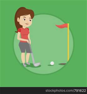 Young caucasian golfer playing golf. Golfer hitting the ball in the hole with red flag. Professional golfer on the golf course. Vector flat design illustration in the circle isolated on background.. Golfer hitting the ball vector illustration.