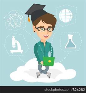 Young caucasian graduate sitting on the cloud with a laptop. Graduate using cloud computing technologies. Educational technology and cloud computing concept. Vector cartoon illustration. Square layout. Young caucasian graduate sitting on the cloud.