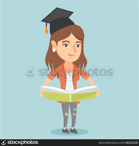 Young caucasian graduate standing with a big open book in hands. Smiling female student in graduation cap reading a book. Happy woman holding a huge book. Vector cartoon illustration. Square layout.. Young caucasian graduate holding a book in hands.