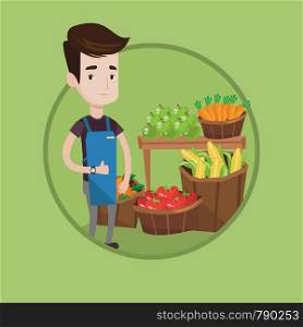 Young caucasian greengrocer giving thumb up. Greengrocer standing on the background of shelves with fresh vegetables and fruits. Vector flat design illustration in the circle isolated on background.. Friendly supermarket worker vector illustration.