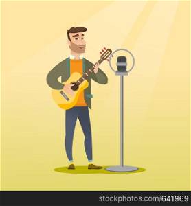 Young caucasian guitar player singing a song and playing the acoustic guitar. Hipster singer singing into a microphone and playing the acoustic guitar. Vector flat design illustration. Square layout.. Man singing into a microphone.