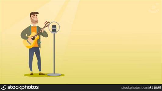 Young caucasian guitar player singing a song and playing the acoustic guitar. Singer singing into a microphone and playing the acoustic guitar. Vector flat design illustration. Horizontal layout.. Man singing into a microphone.